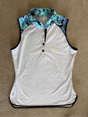 Greg Norman Collection White Sleeveless Polo with Teal Floral Collar